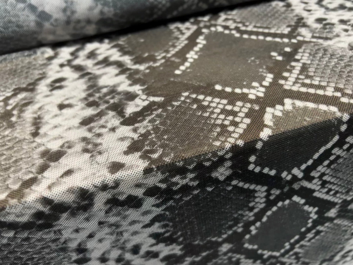 Power mesh net stretch spandex fabric, per metre - snakeskin animal print - grey
