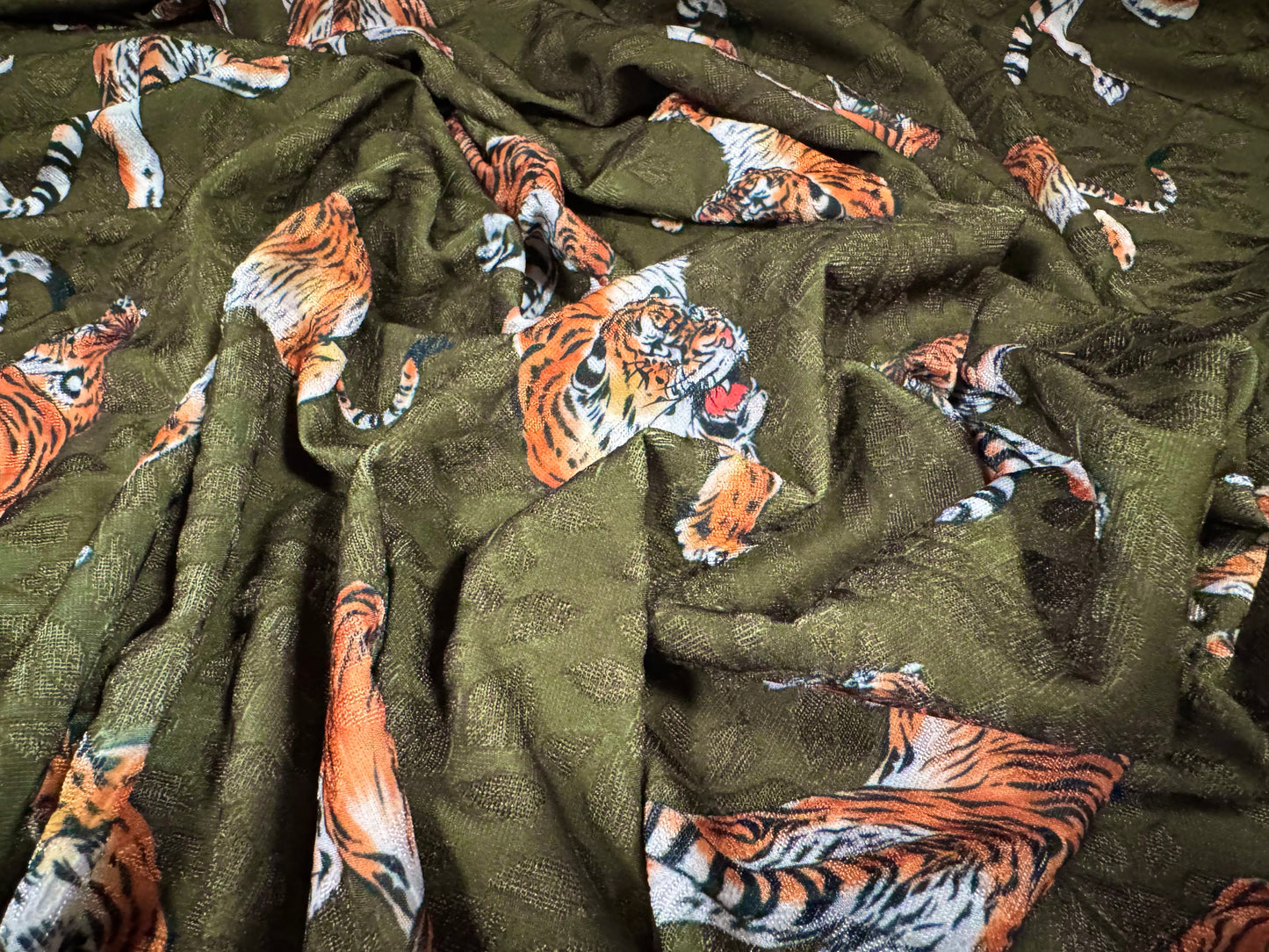 Stretch spandex jersey jacquard fabric, per metre - Bengal Tiger print - khaki