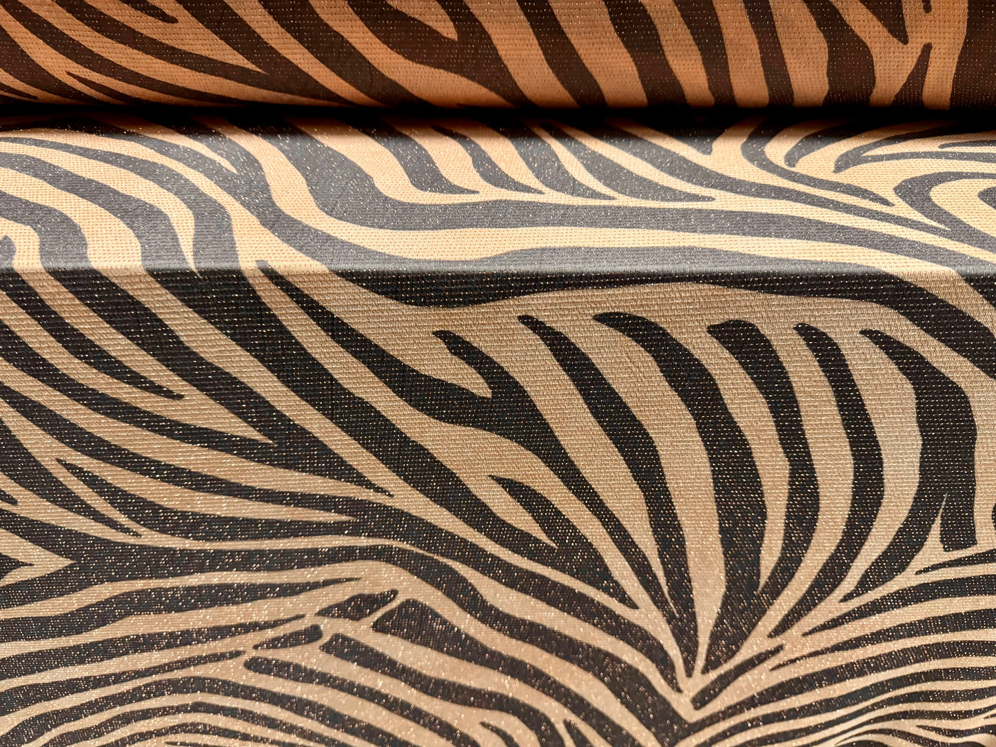 Metallic slinky spandex stretch jersey fabric with gold lurex, per metre - zebra animal print - nude & grey
