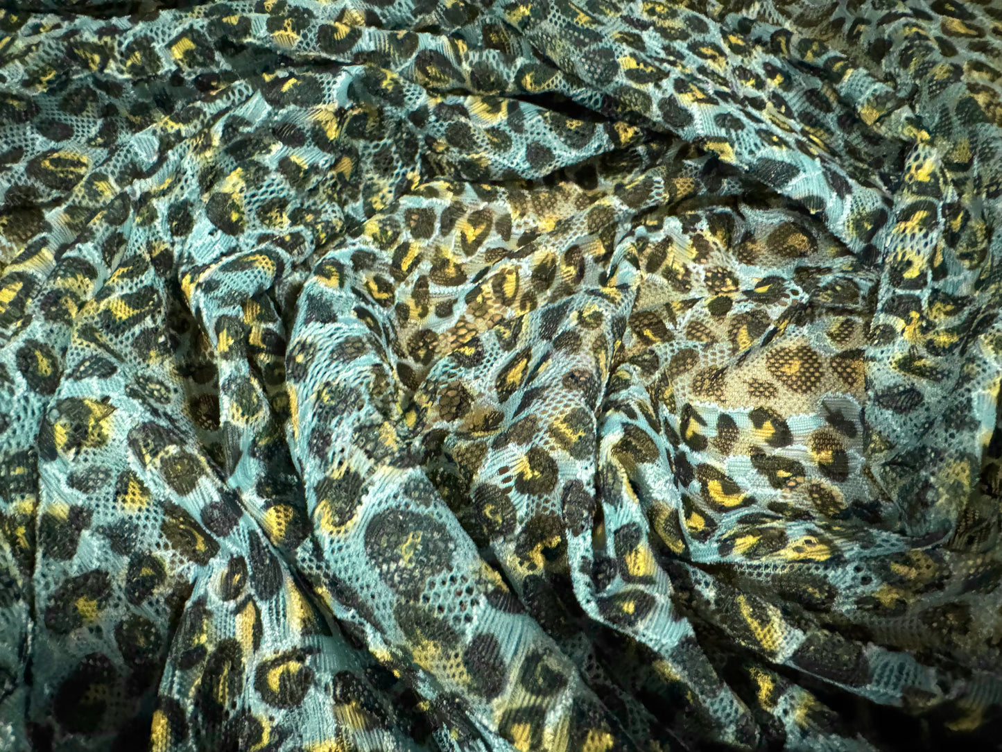 Stretch spandex lace fabric, per metre - leopard print - turquoise & gold