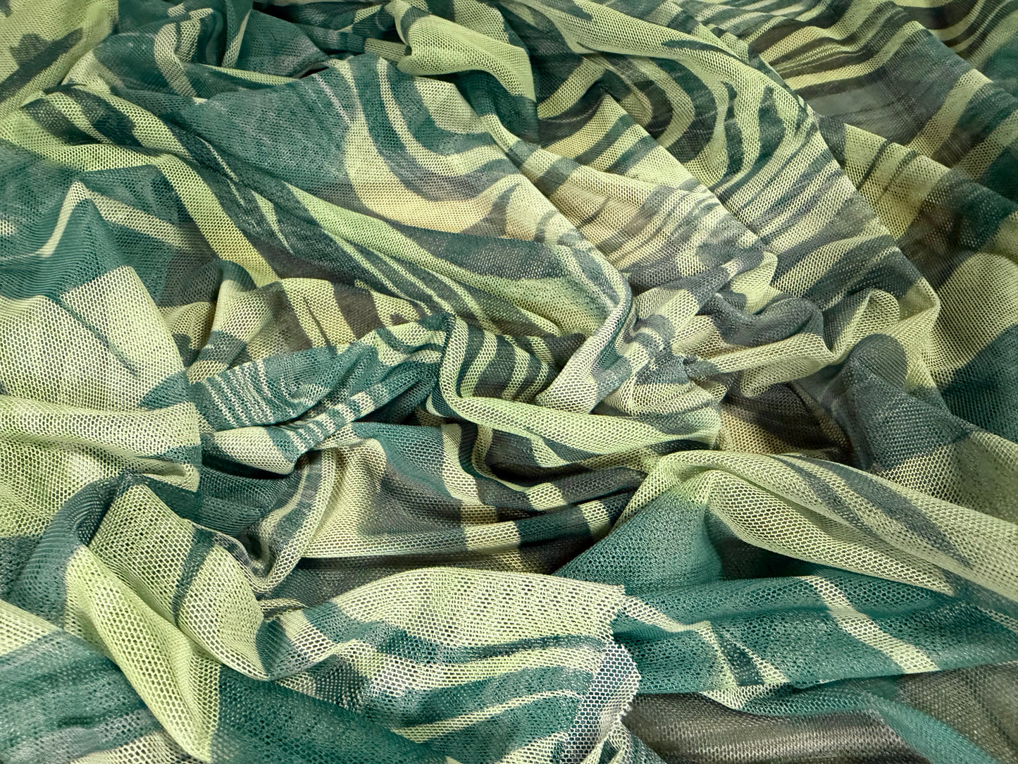 Power mesh net stretch spandex fabric, per metre - swirl print - olive & sage green