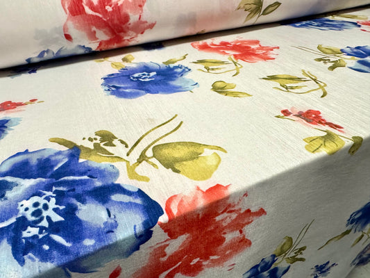 Stretch taffeta faux silk fabric - floral print - red white & blue