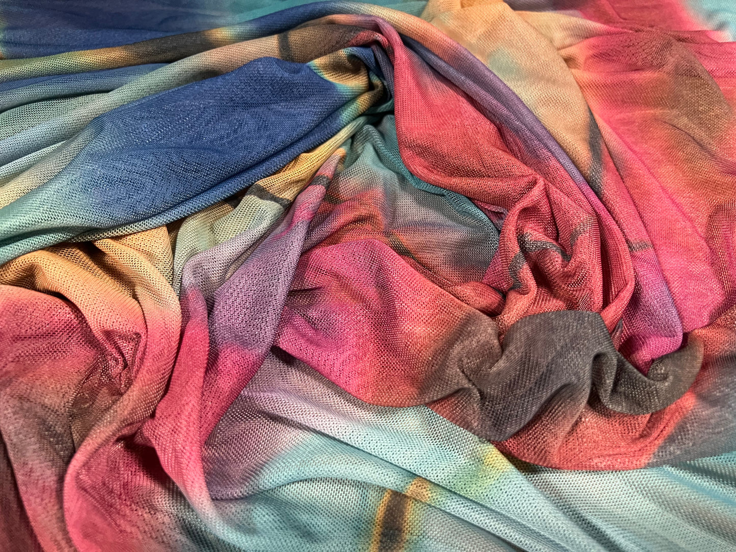 Power mesh net sheer stretch spandex fabric, per metre - Abstract swirl print - multicolour
