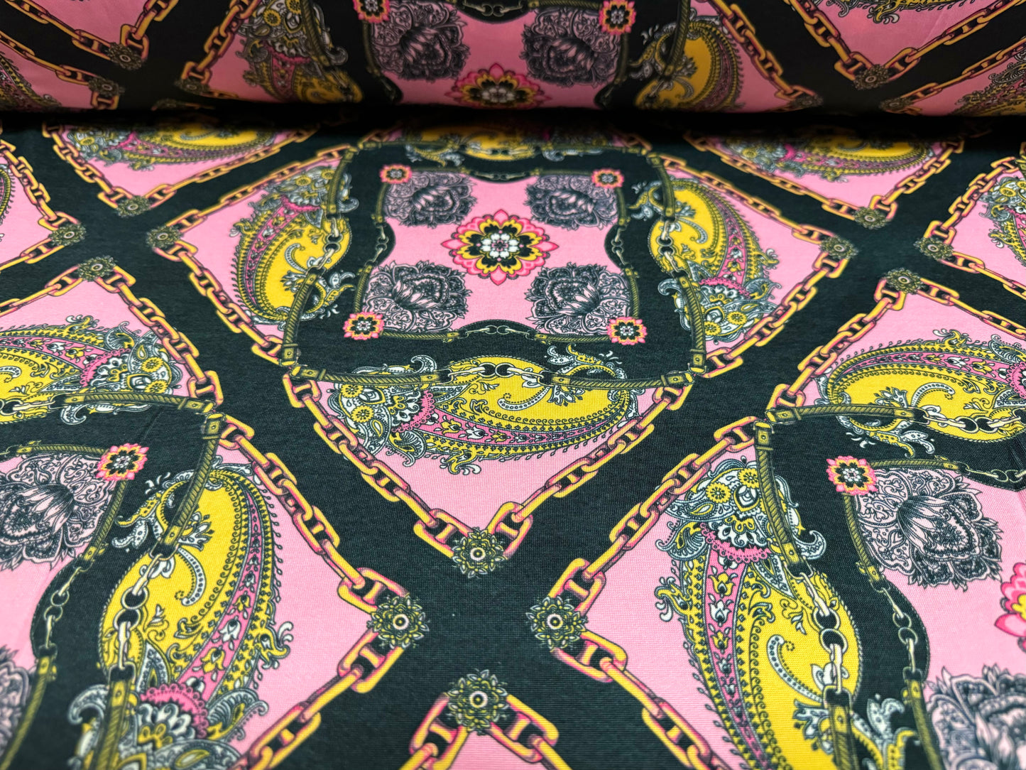 Stretch spandex single jersey fabric, per metre - designer paisley & chains print - pink black & gold