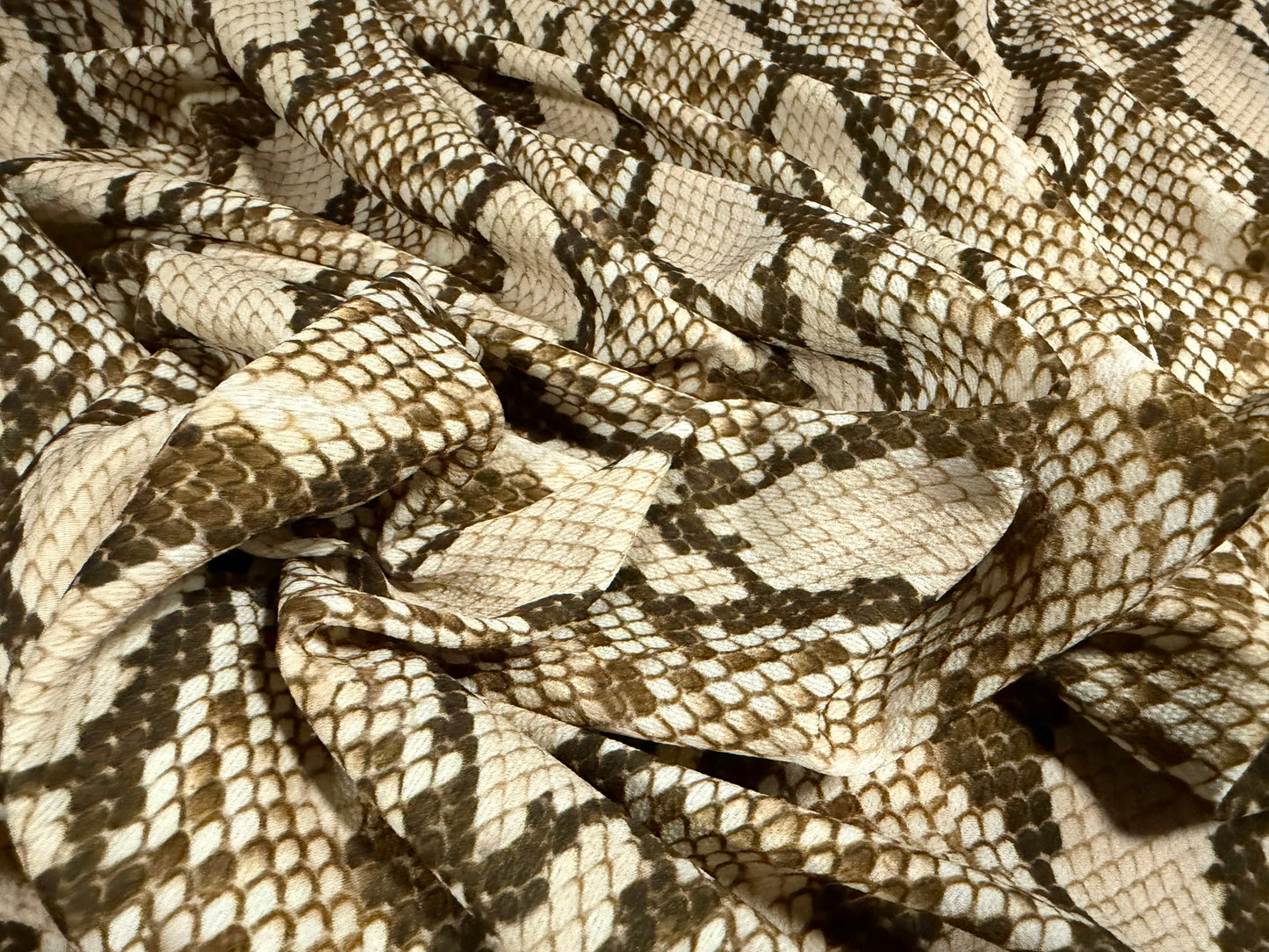 Pebble crepe woven dress fabric, per metre - snakeskin print - khaki & olive green