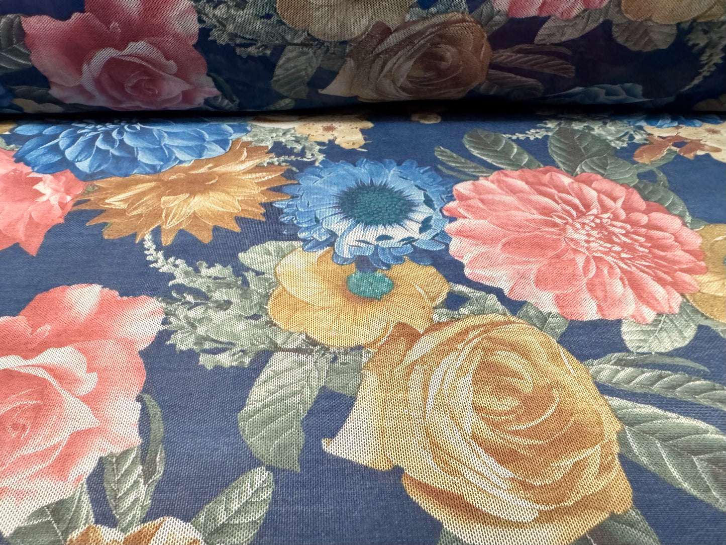 Power mesh net stretch spandex fabric, per metre - carnation bouquet print - blue pink & beige