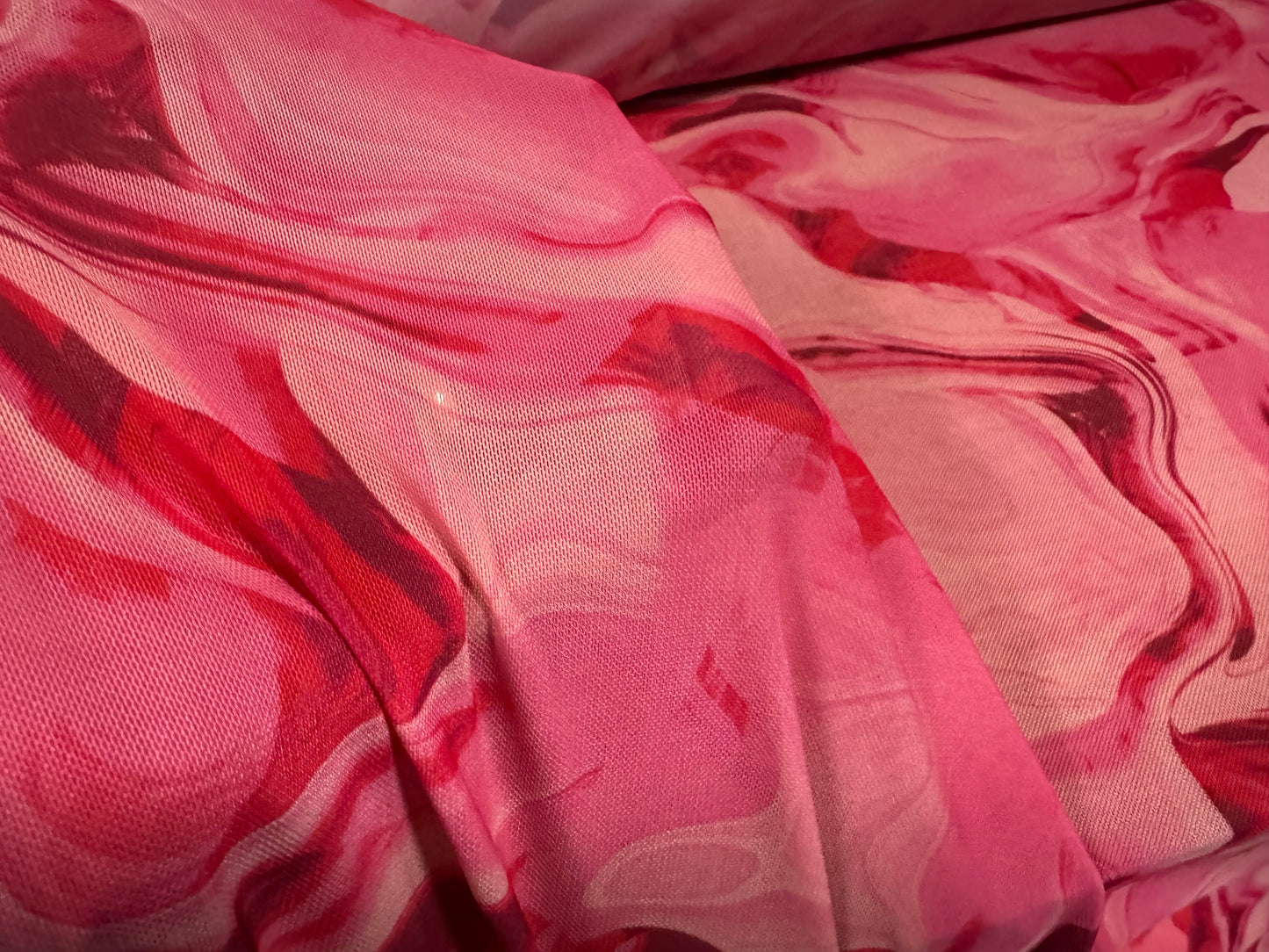 Power mesh net stretch spandex fabric, per metre - swirl print - pink