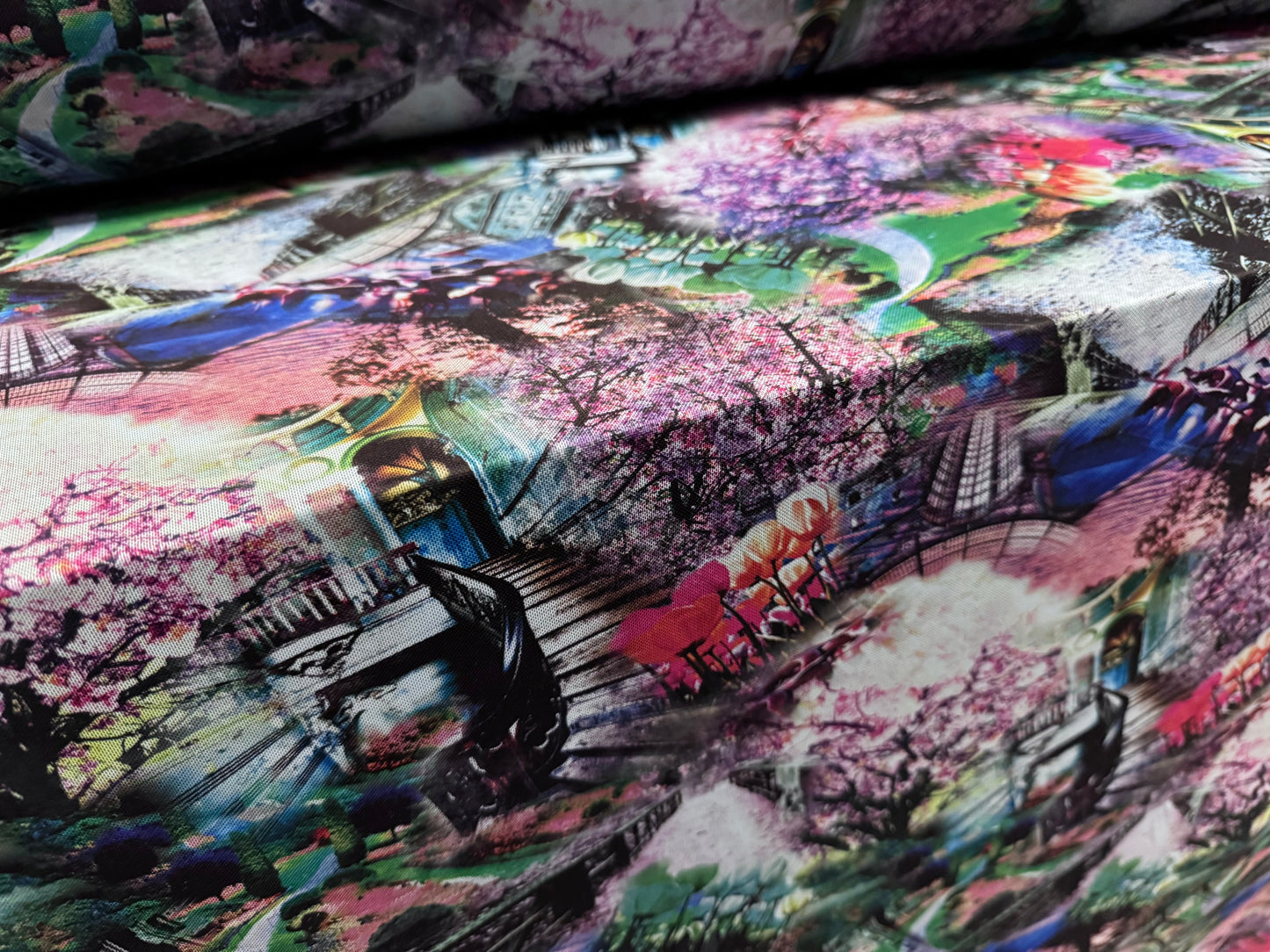 Power mesh net stretch spandex fabric, per metre - Blossom In The City - purple & green