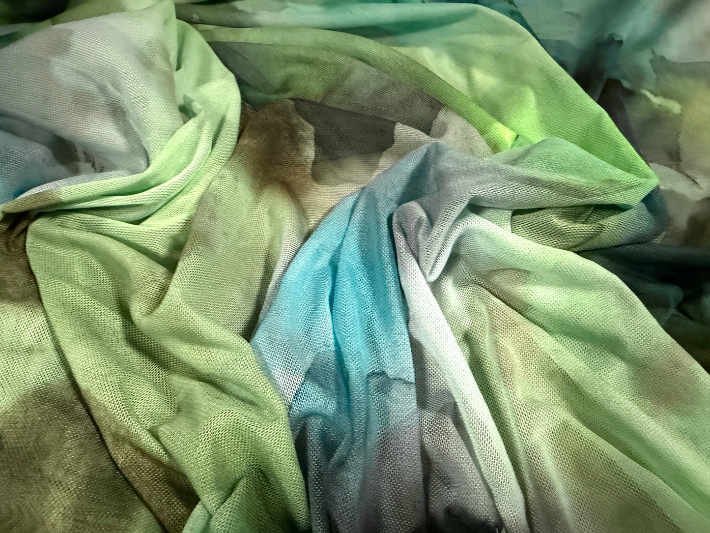 Power mesh net stretch spandex fabric, per metre - ink wash floral print - green & blue