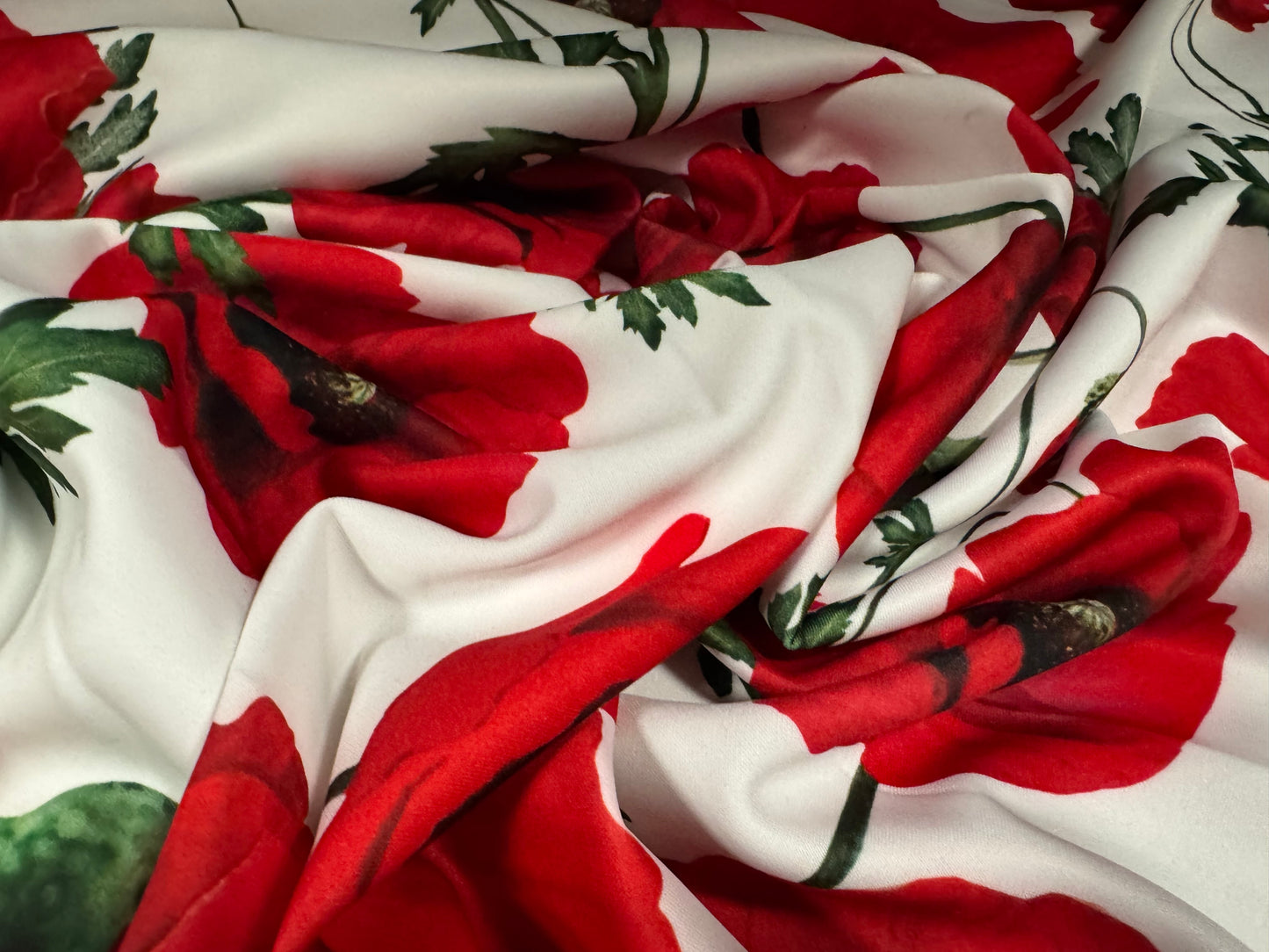 Scuba stretch spandex double jersey dress fabric, per metre - poppy flower print - red white & green