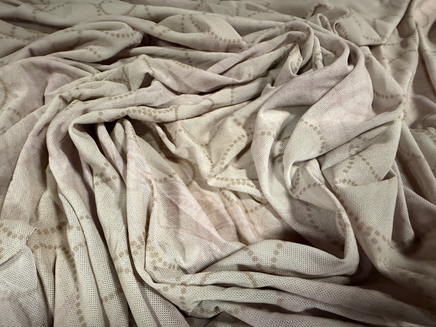 Power mesh net stretch spandex fabric, per metre - geometric circles print - grey pink & mustard