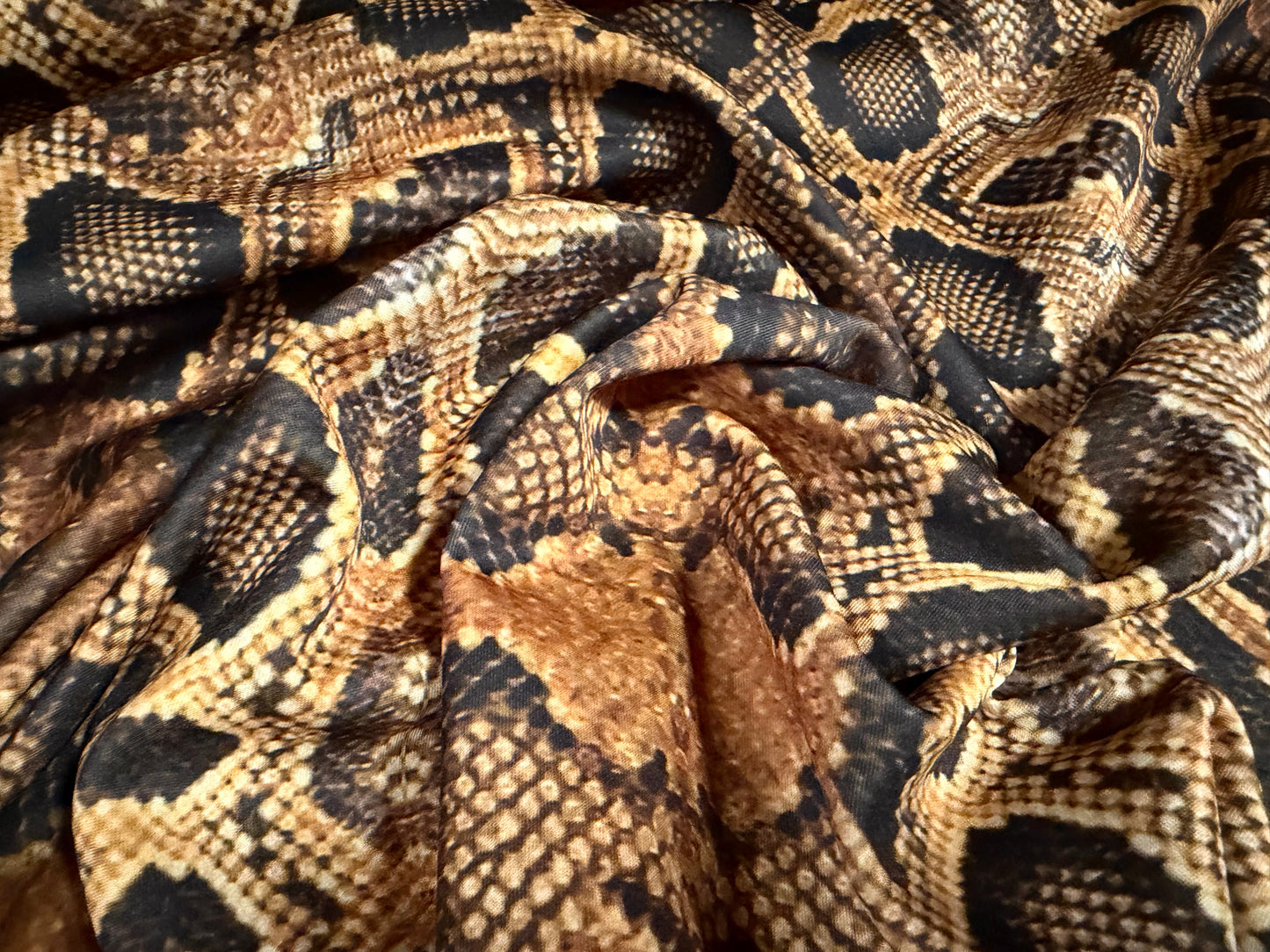 Scuba stretch spandex double jersey fabric, per metre - diamondback rattlesnake print - brown