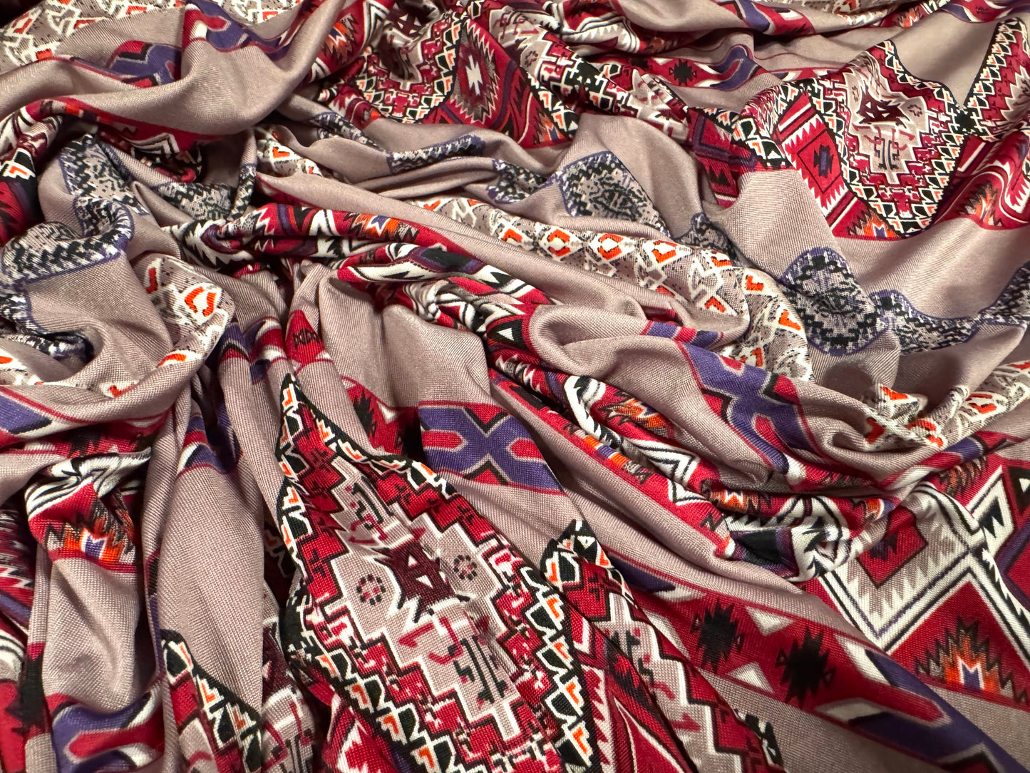 Soft touch stretch spandex jersey fabric, per metre - Aztec Inca print - dusky pink & Fuschia
