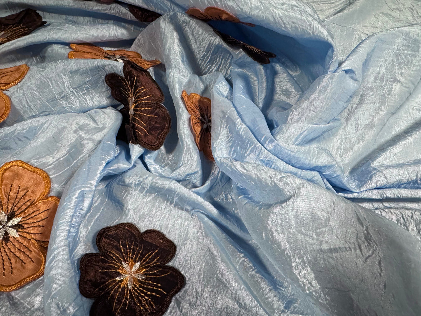 Taffeta faux silk fabric, per metre - embroidered flower appliqué border - sky blue