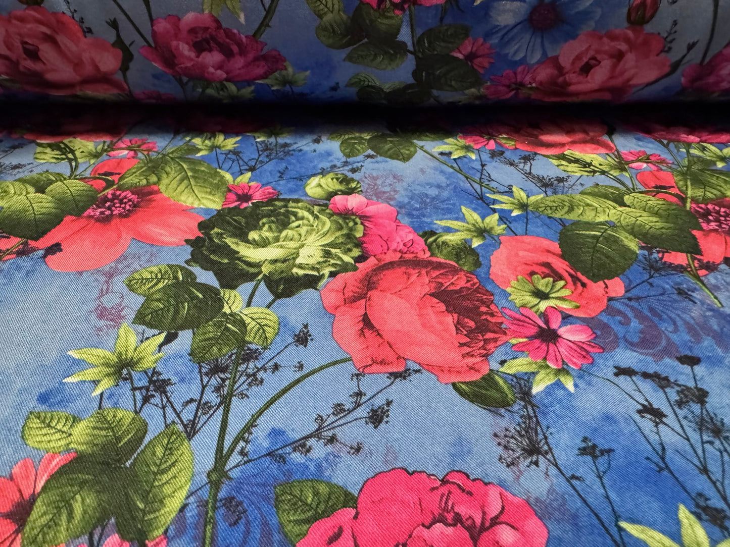Barcelona stretch woven dress fabric, per metre - roses floral print - blue & pink