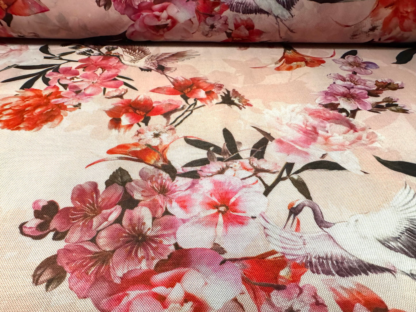 Power mesh net stretch spandex fabric, per metre - birds & blossom print - pink