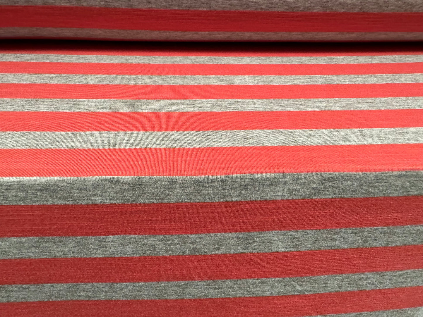 Stretch viscose blend single jersey fabric, per metre - stripe - coral & grey marl