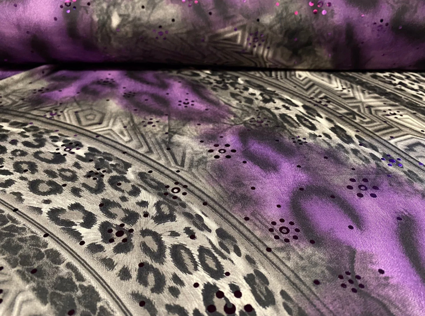 Stretch spandex single jersey fabric, per metre - stylised leopardskin swirl print with sequins - purple & grey