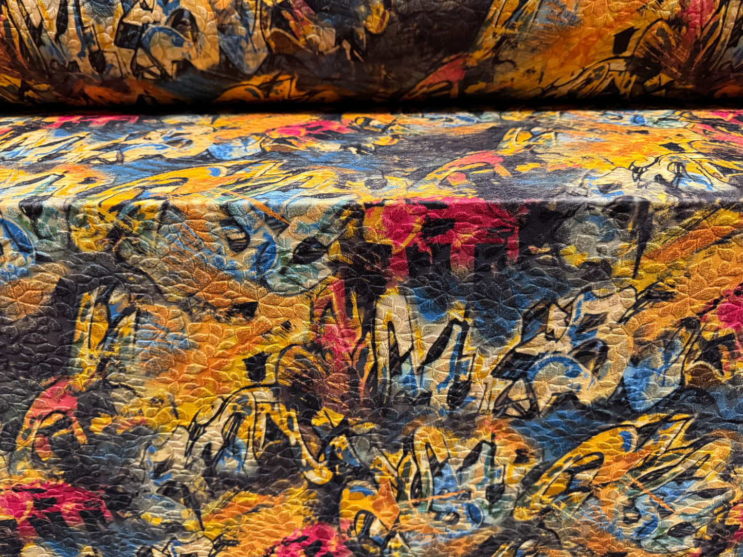 Stretch spandex jersey jacquard fabric, per metre - graffiti print - multicolour
