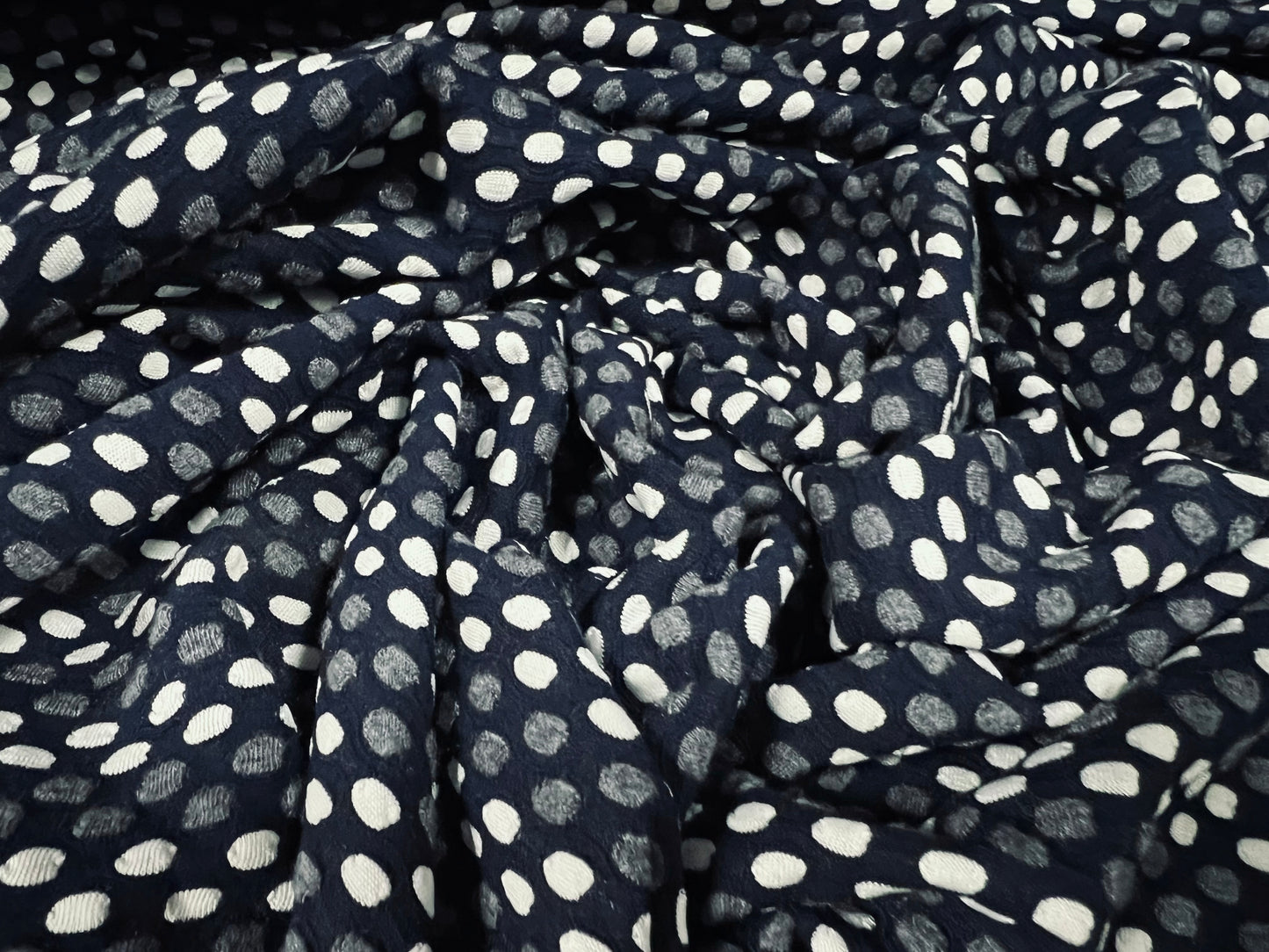 Stretch double jersey fabric, per metre - dobby stripe jacquard - navy blue & white