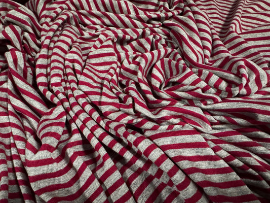 Viscose spandex stretch single jersey fabric, per metre - stripe - wine & grey marl