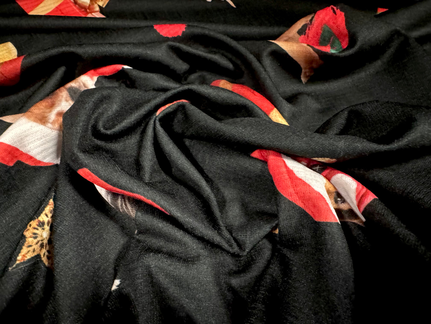 Straw cloth textured jersey fabric, per metre - Christmas Puppy print - black & red