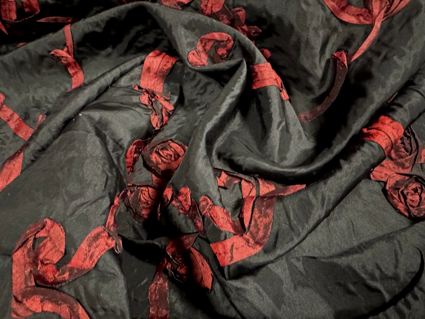 Taffeta faux silk fabric, per metre - floral ribbon appliqué - black & wine