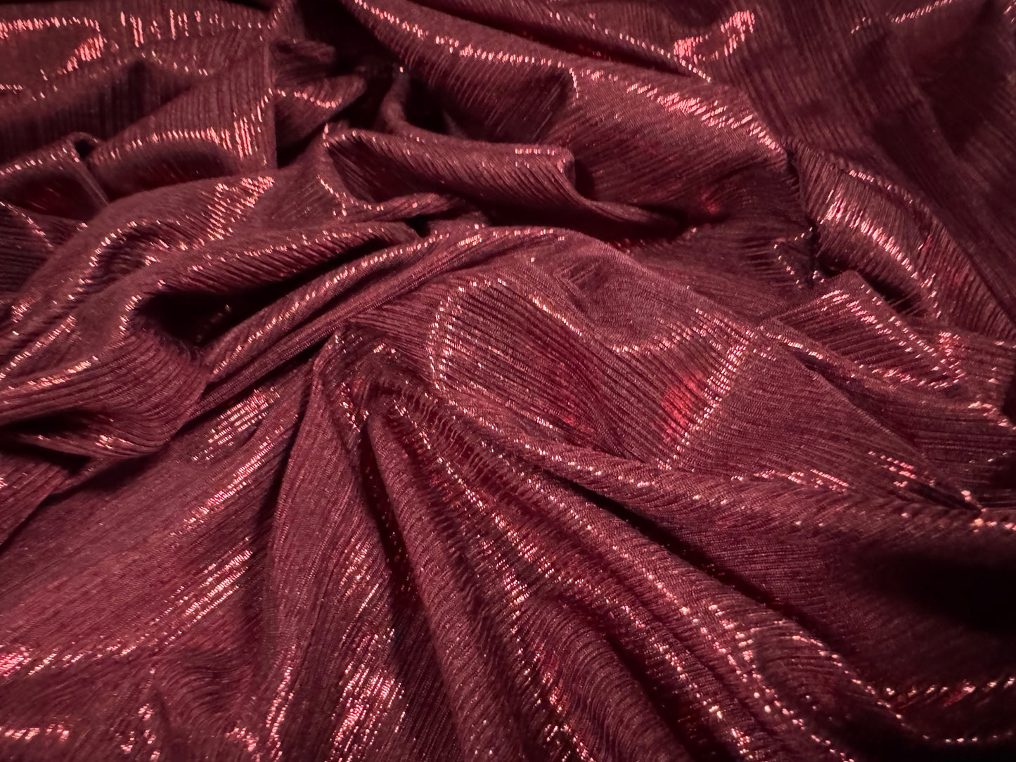 Metallic lamé stretch spandex ribbed jersey fabric, per metre - plain - burgundy
