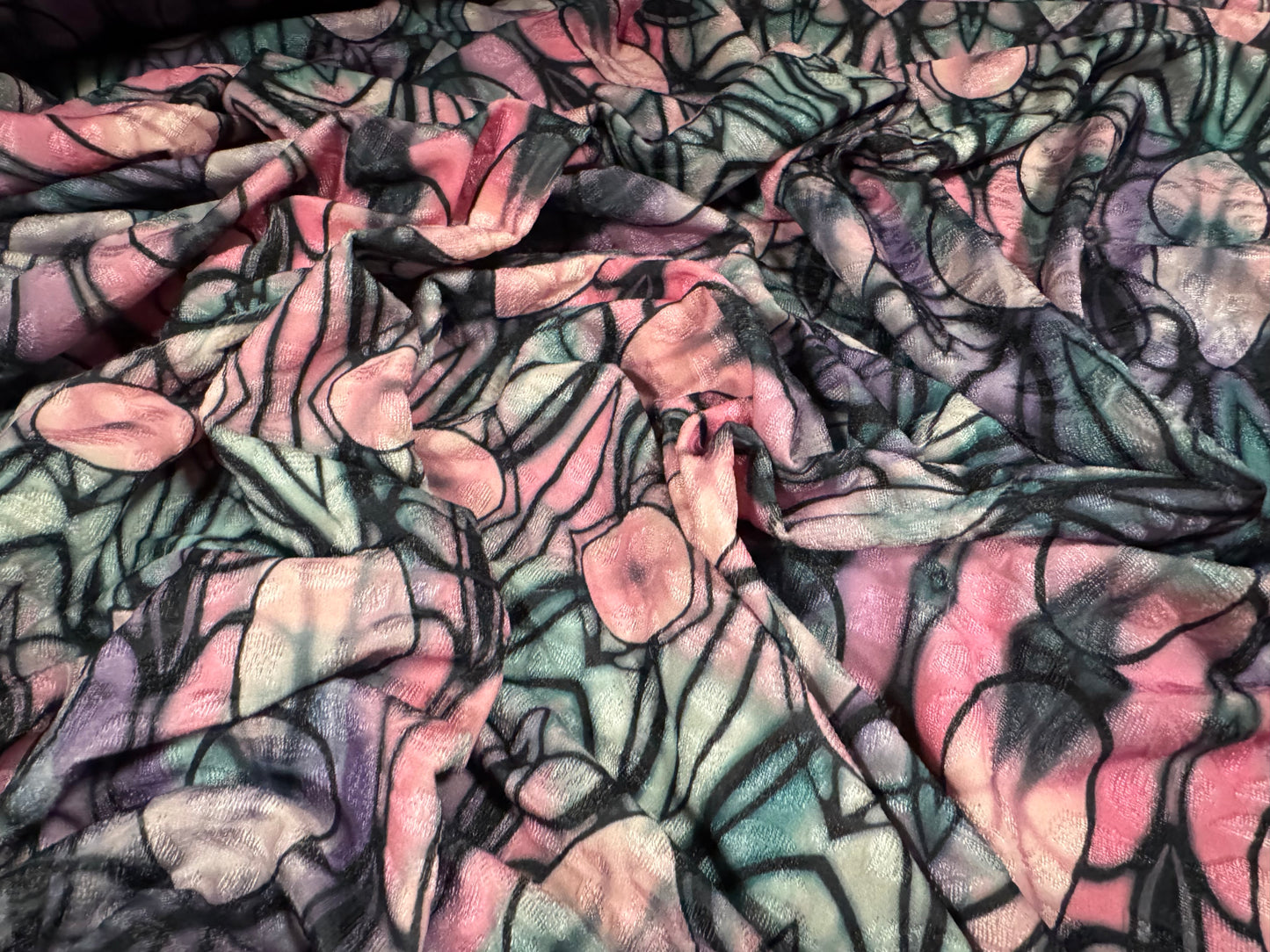 Stretch spandex jersey jacquard fabric, per metre - Art deco print - pink & aqua