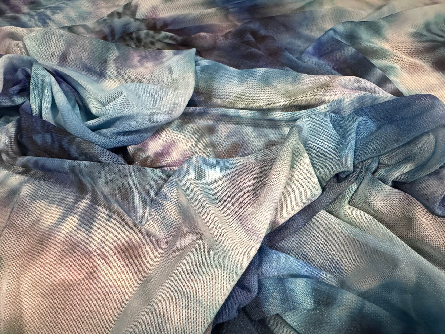 Power mesh net stretch spandex fabric, per metre - tie dye swirl print - turquoise blue & jade
