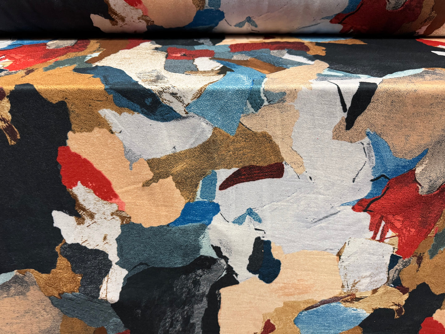 French Terry loopback sweatshirt jersey fabric, per metre - abstract print - teal navy & cream