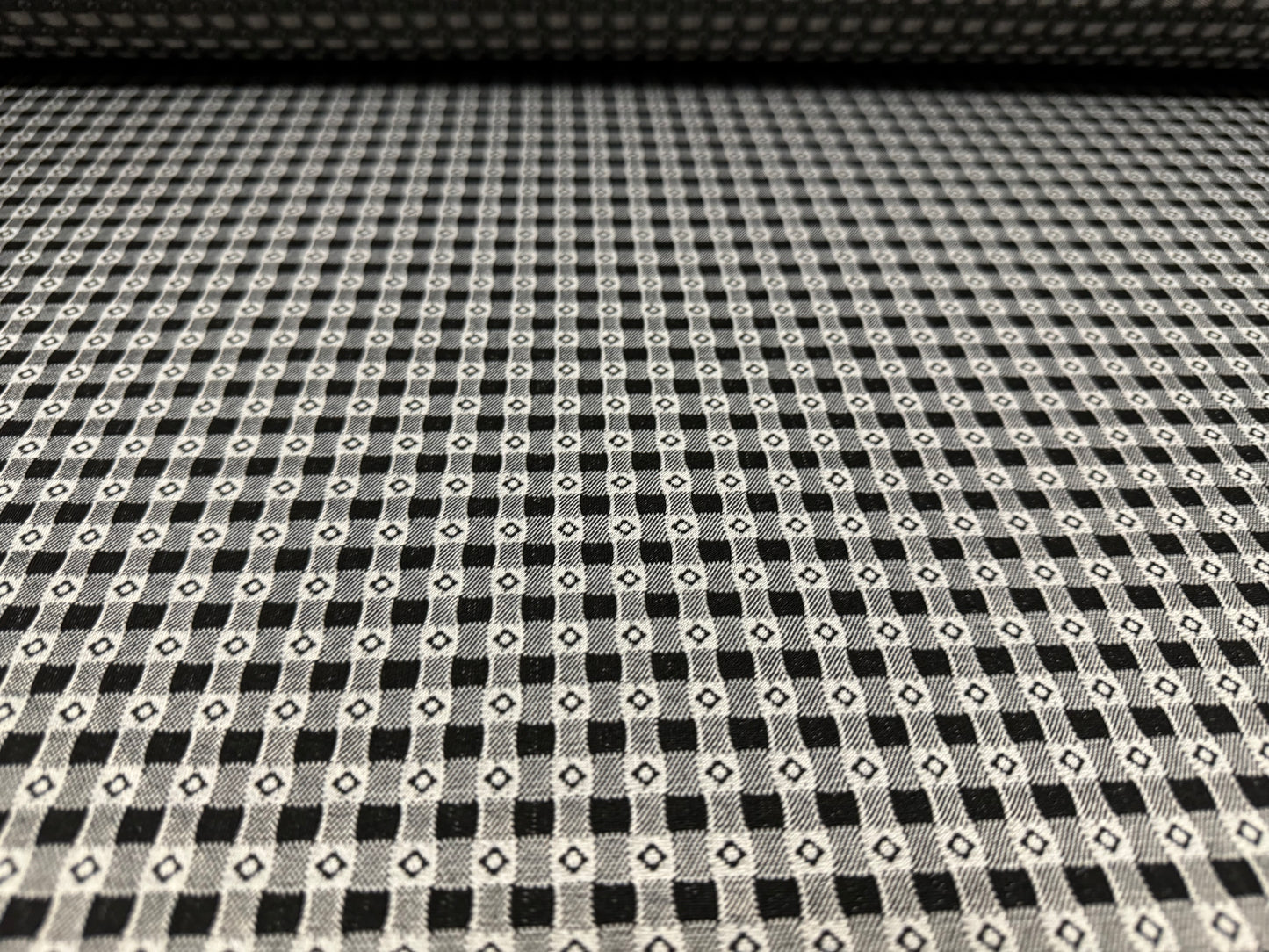 Double jersey stretch spandex dress fabric, per metre - gingham motif jacquard - black & grey
