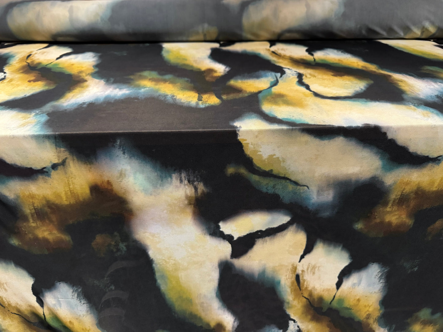 Power mesh net stretch spandex fabric, per metre - abstract print - black mustard & teal