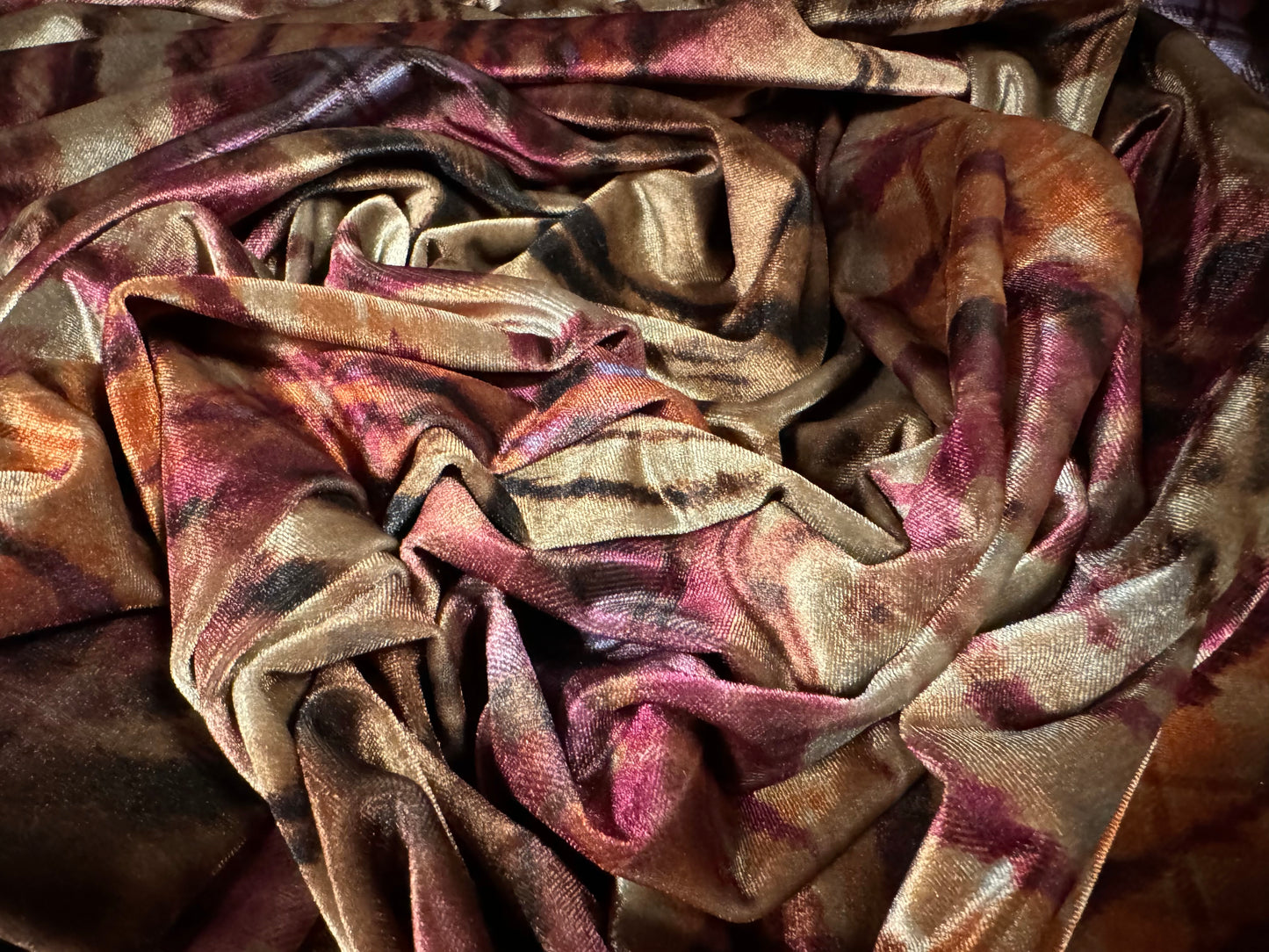 Spandex velvet stretch dress fabric, per mere - tiger tartan print - magenta & gold