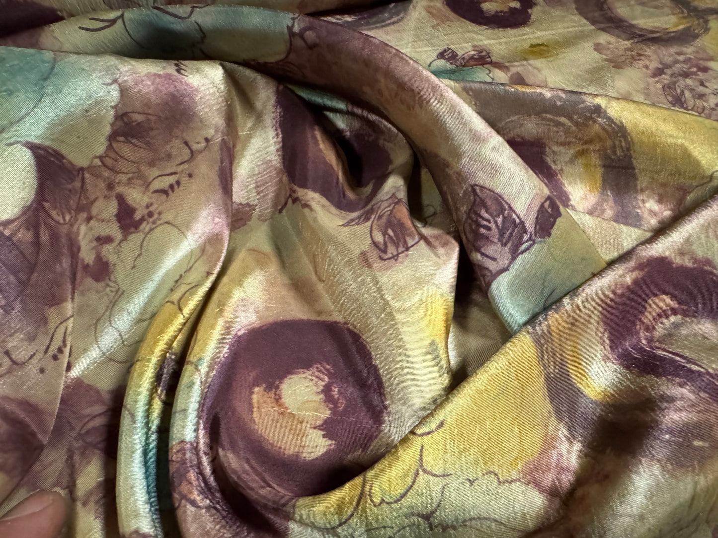 Taffeta faux silk fabric - floral circles print - old gold aubergine & turquoise