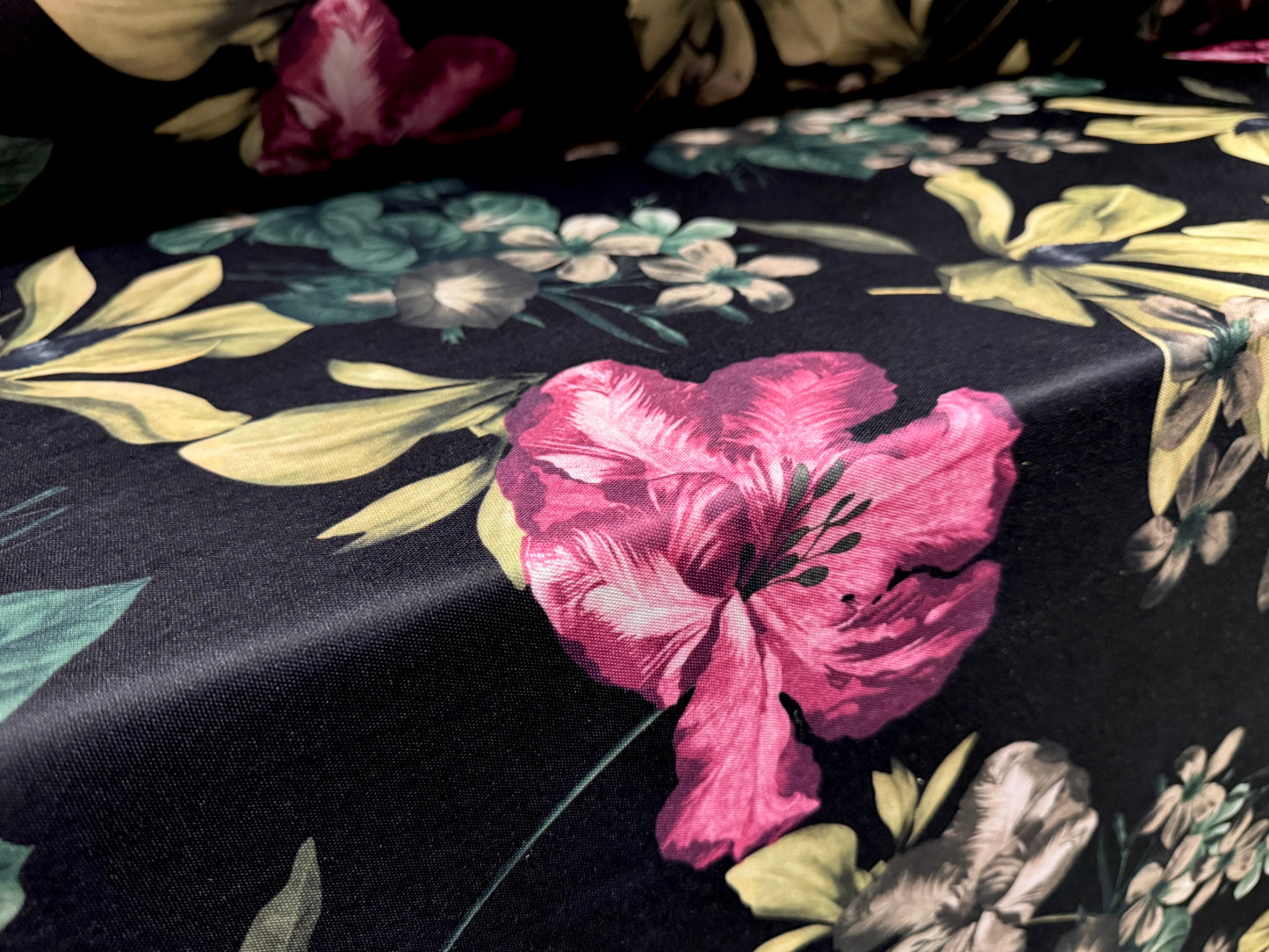 Piqué double jersey fabric, per metre - lily flower print - black fuchsia & beige