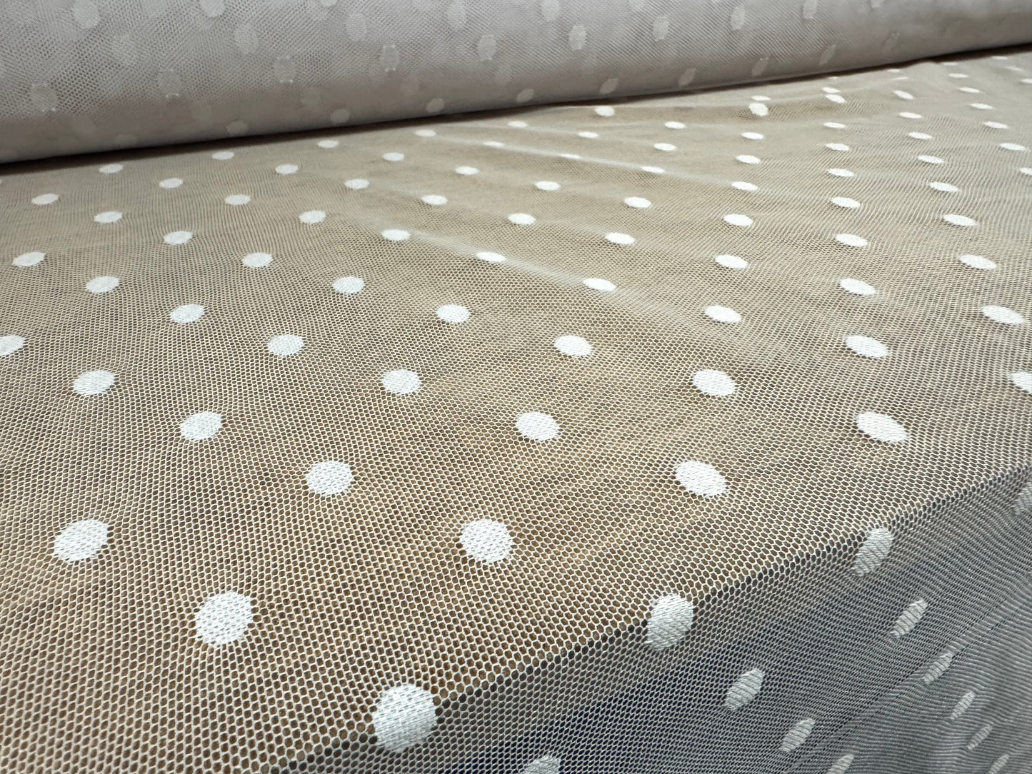 Stretch spandex mesh net fabric, per metre - polka dot - white on white