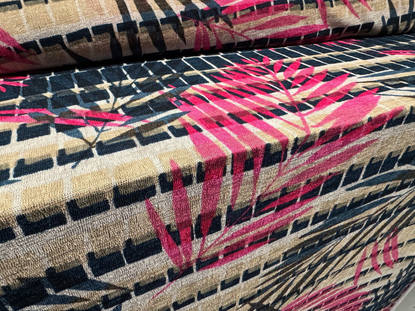 Stretch crepe knitwear jersey fabric, per metre - leaf print - navy cerise & beige