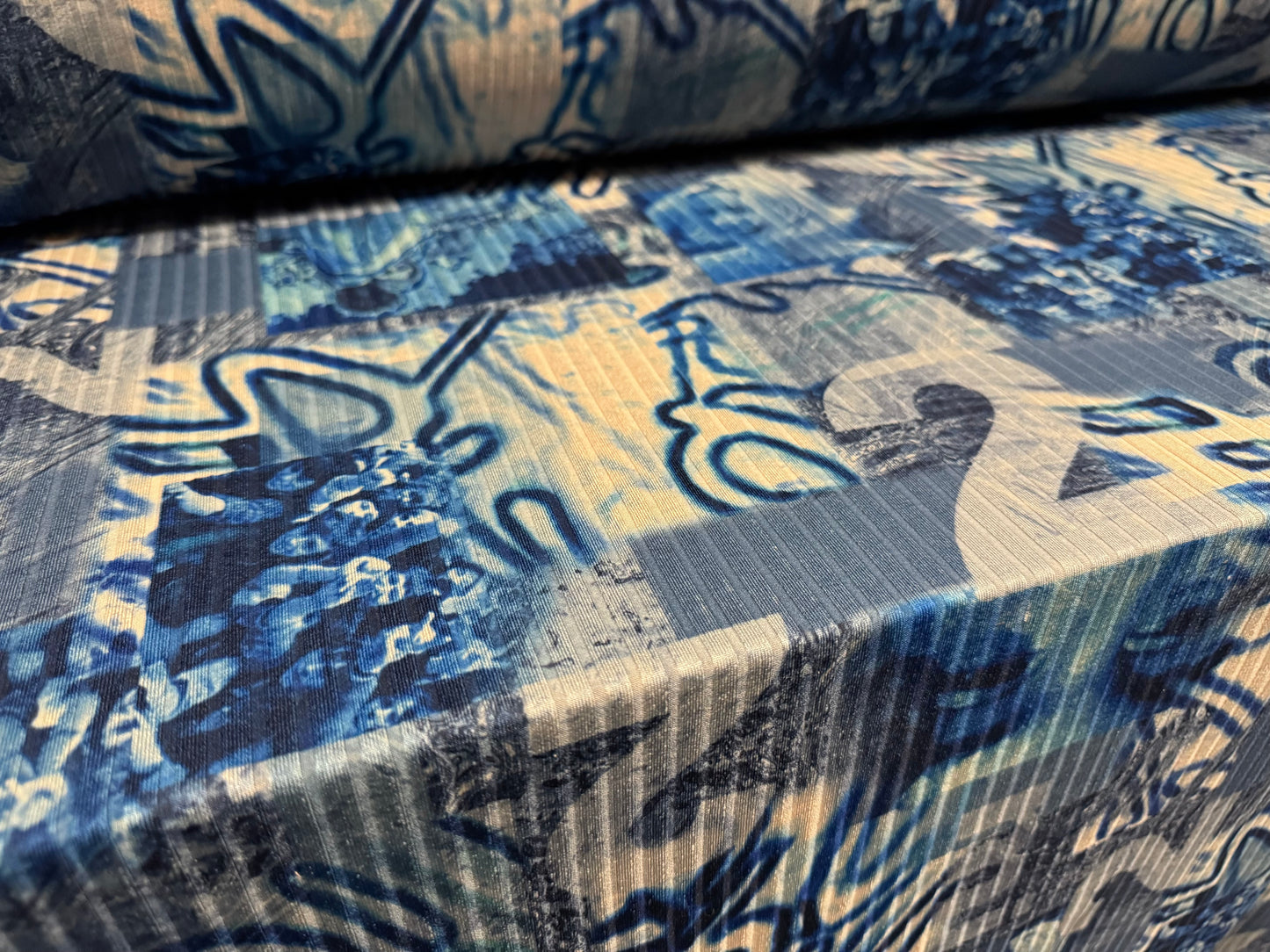 Spandex stretch rib jersey fabric, per metre - festival graffiti print - Stone & blue