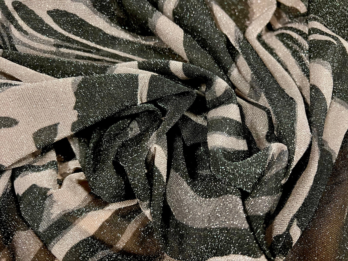 Metallic lurex mesh net fabric, per metre - swirl print - grey & stone