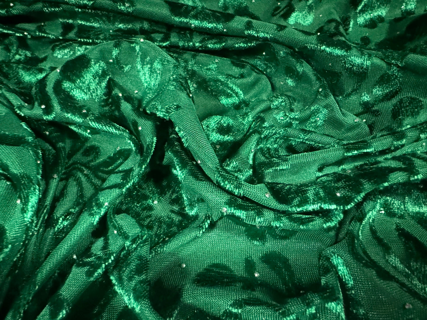 Devoré velour fabric with diamanté sparkle, per metre - floral - green