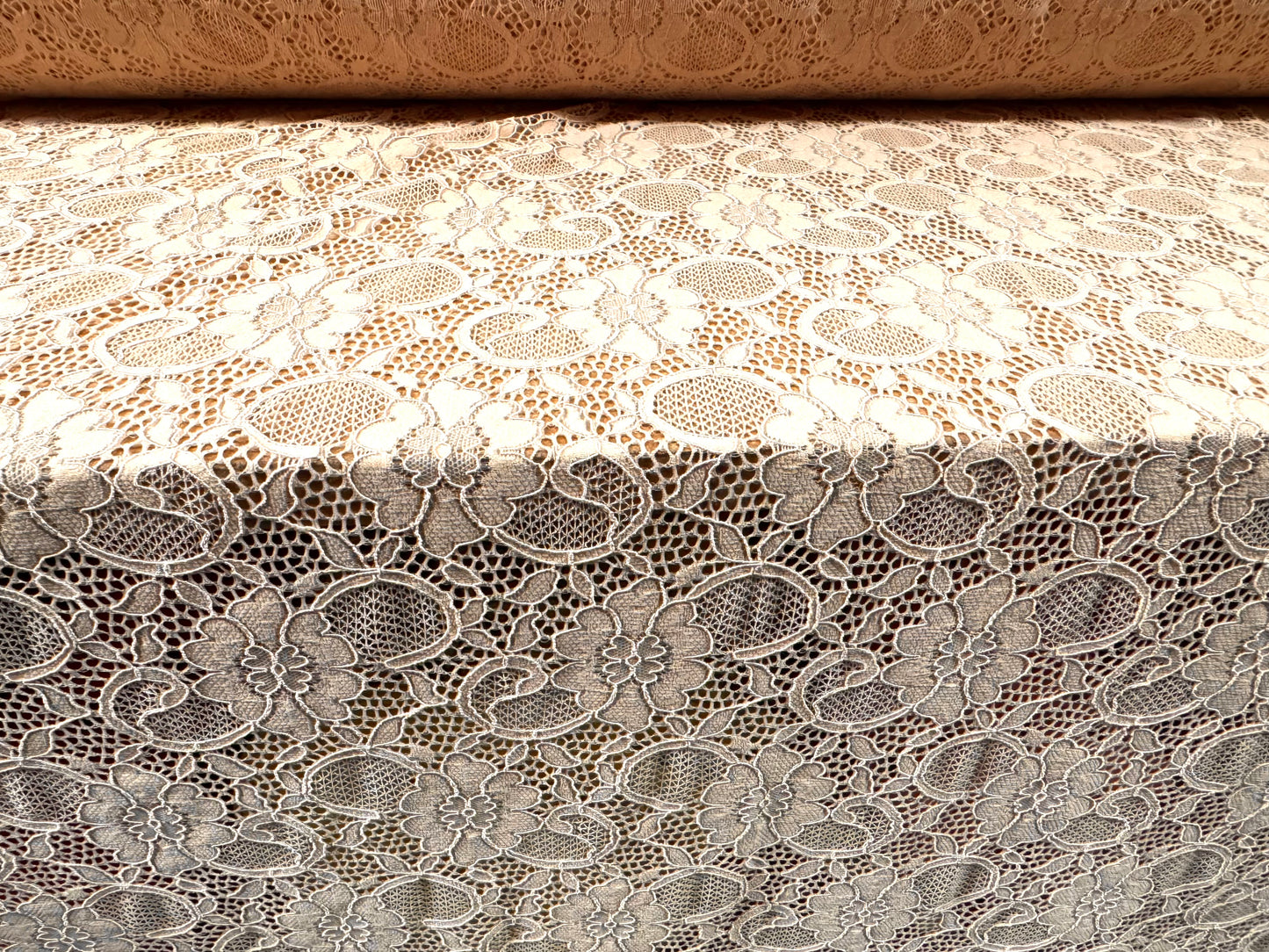 Corded stretch spandex lace fabric, per metre - floral - matte nude