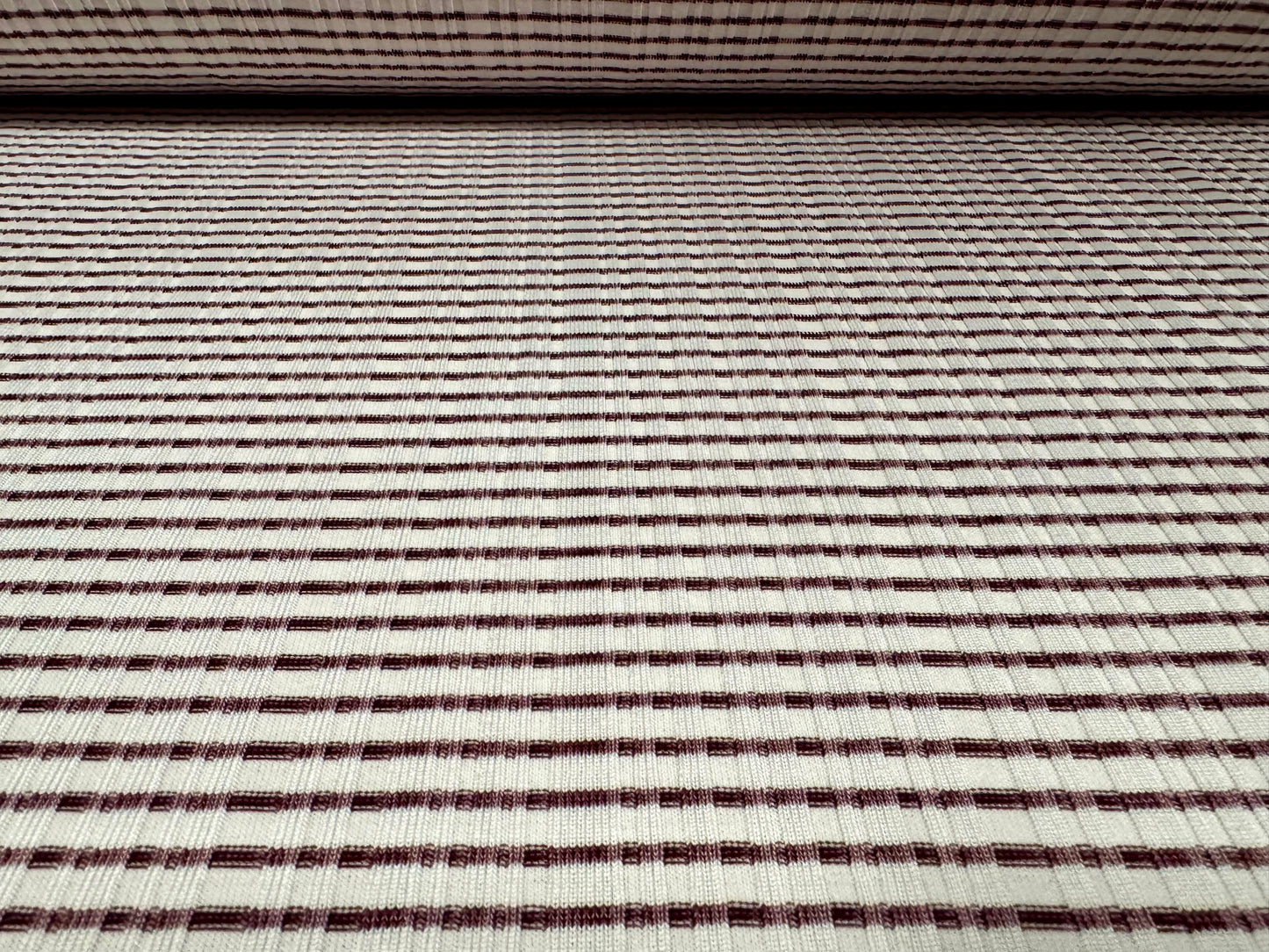 Stretch Spandex rib jersey fabric, per metre - stripe - aubergine & off white