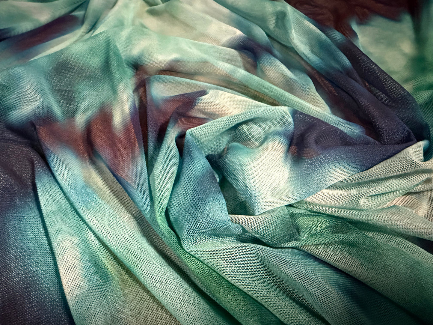 Power mesh net stretch spandex fabric, per metre - soft focus floral print - jade navy & turquoise