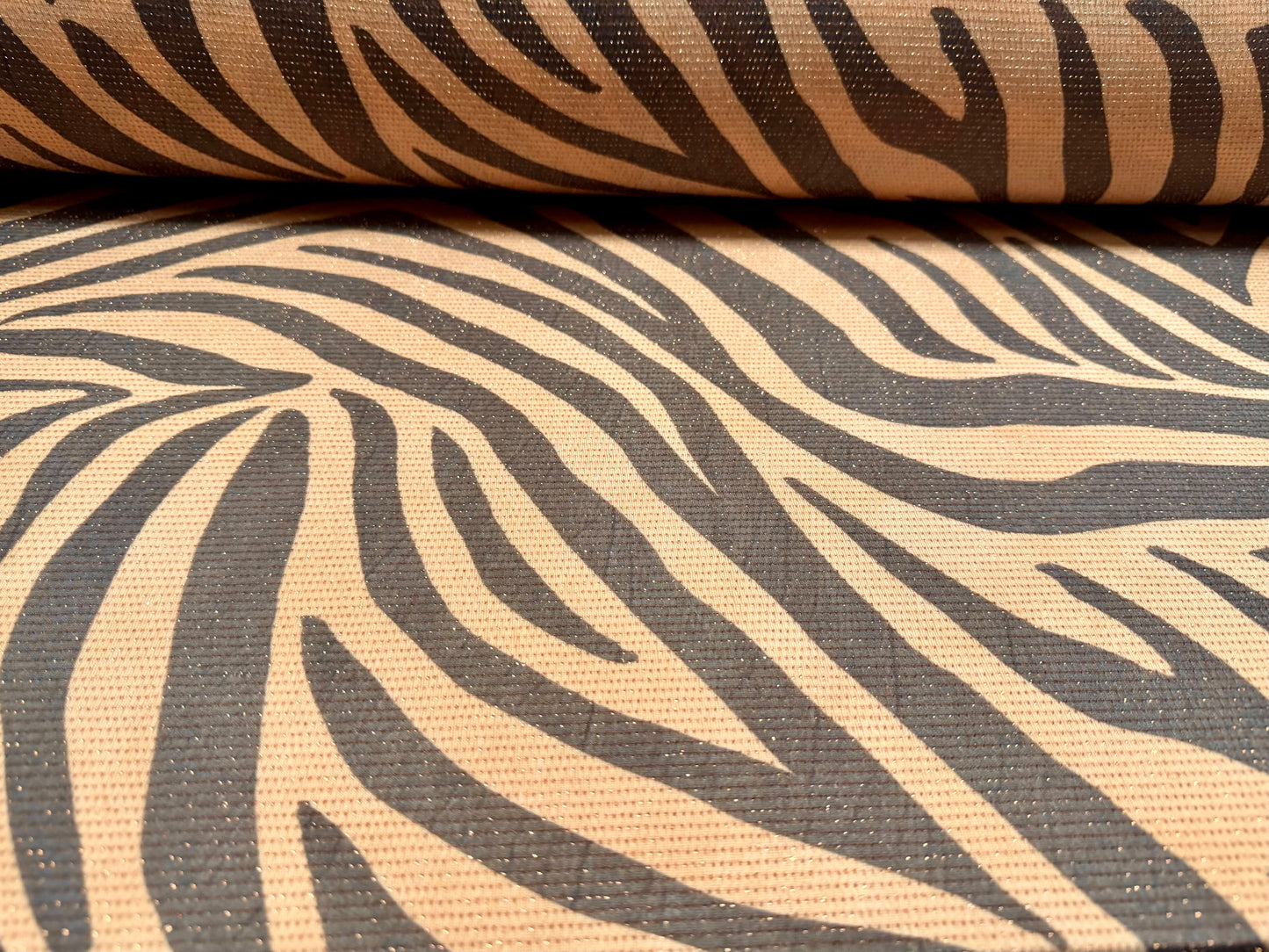 Metallic slinky spandex stretch jersey fabric with gold lurex, per metre - zebra animal print - nude & grey