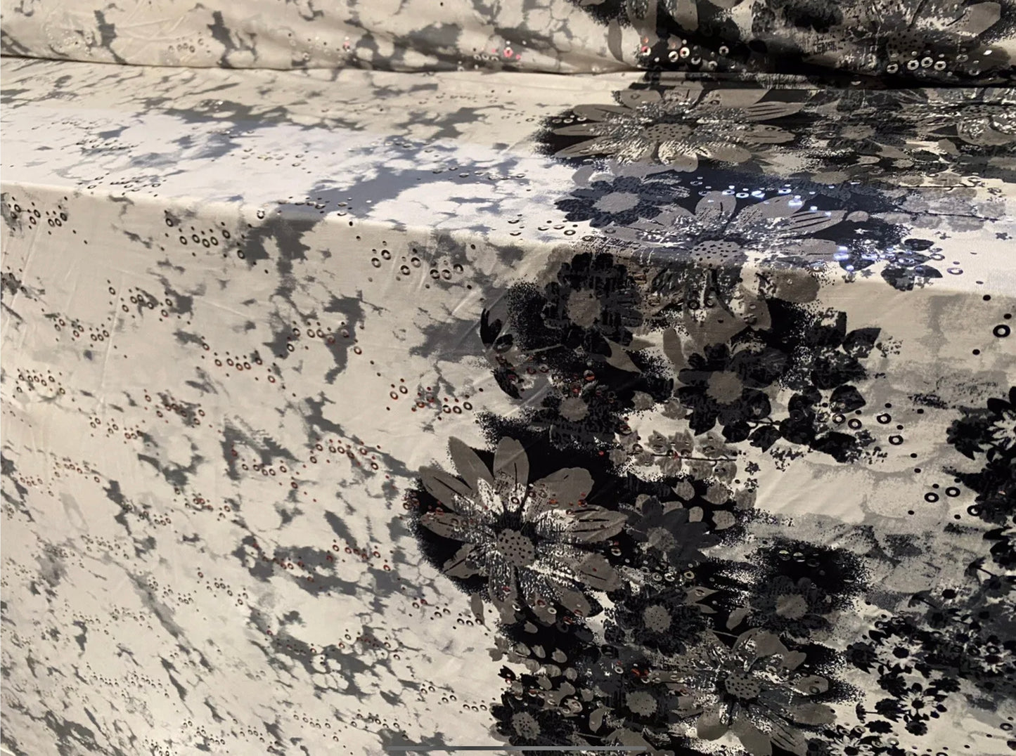 Stretch spandex single jersey fabric, per metre - double border flower print with sequins - grey & white