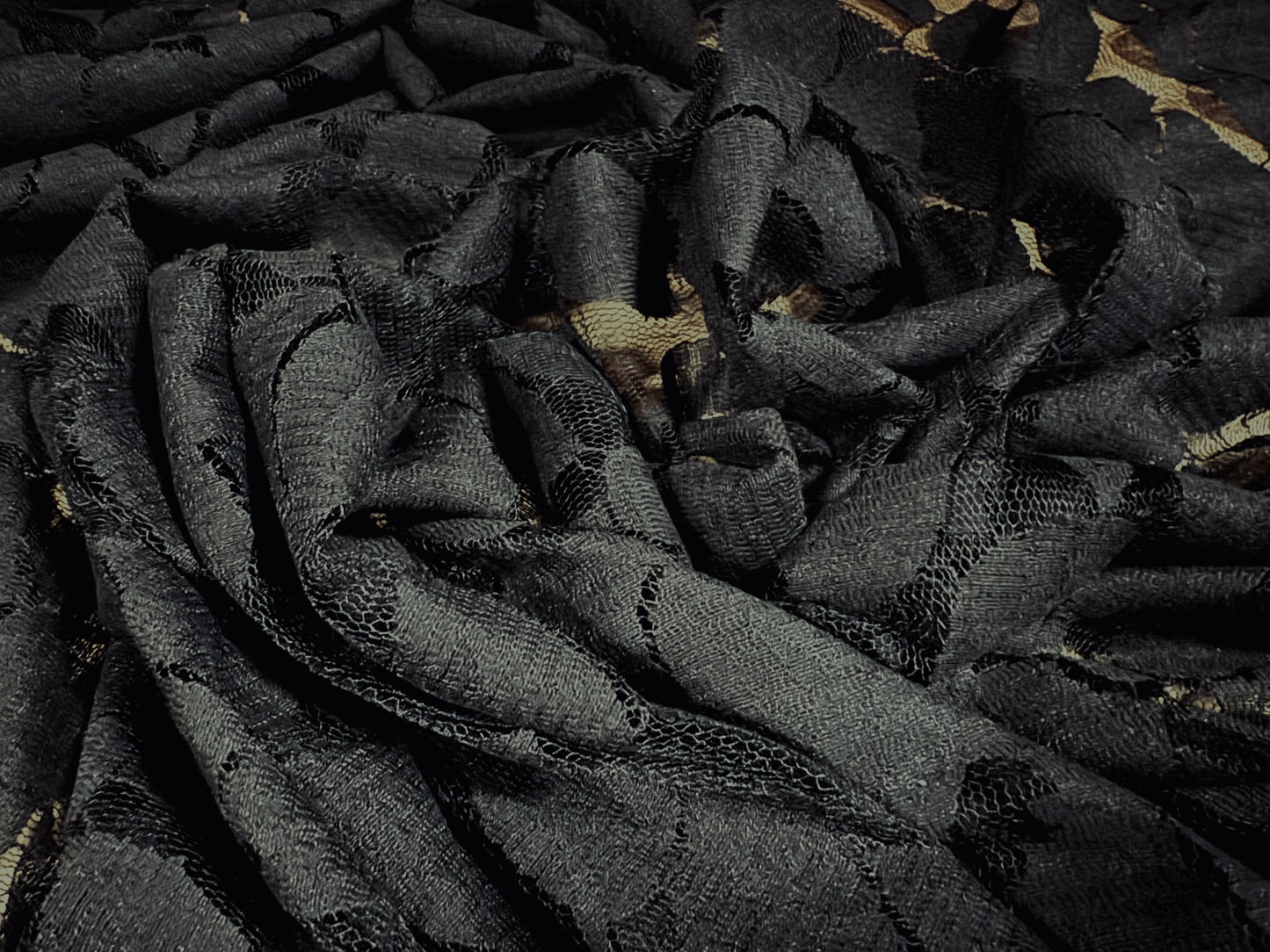 Cotton burnout mesh lace fabric, per metre - floral - black