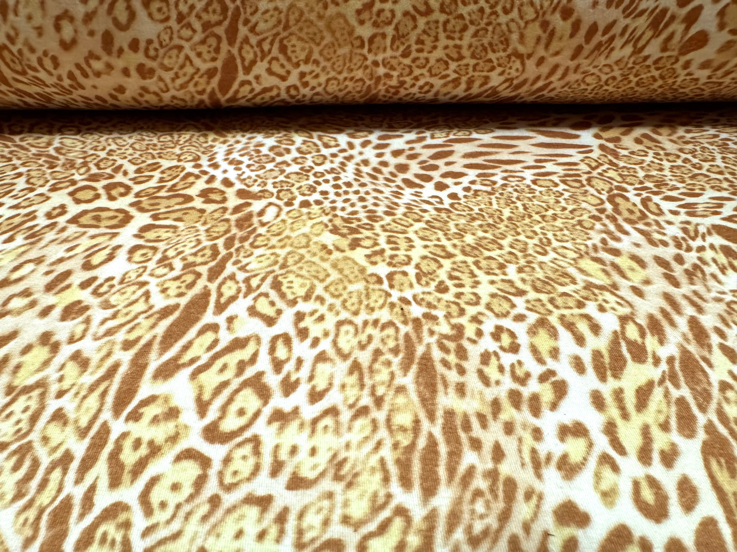 Stretch spandex interlock jersey fabric, per metre - stylised leopard animal print - gold & cream