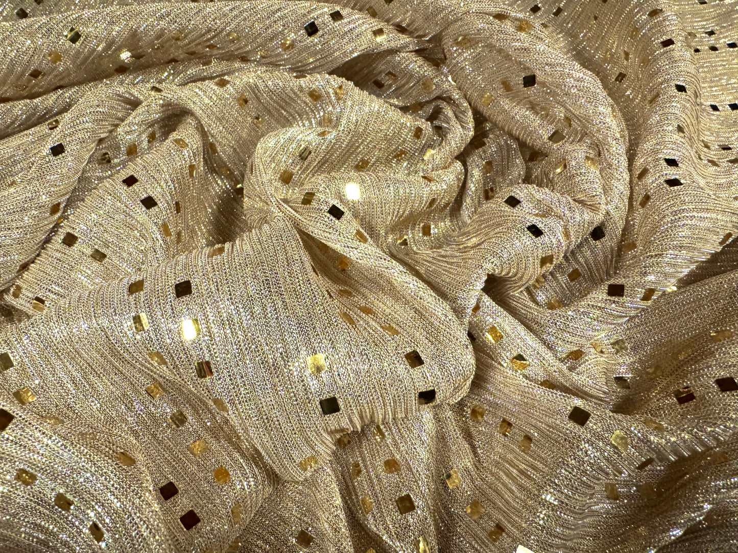 Metallic spangle mesh fabric, per metre - geometric design - gold & beige