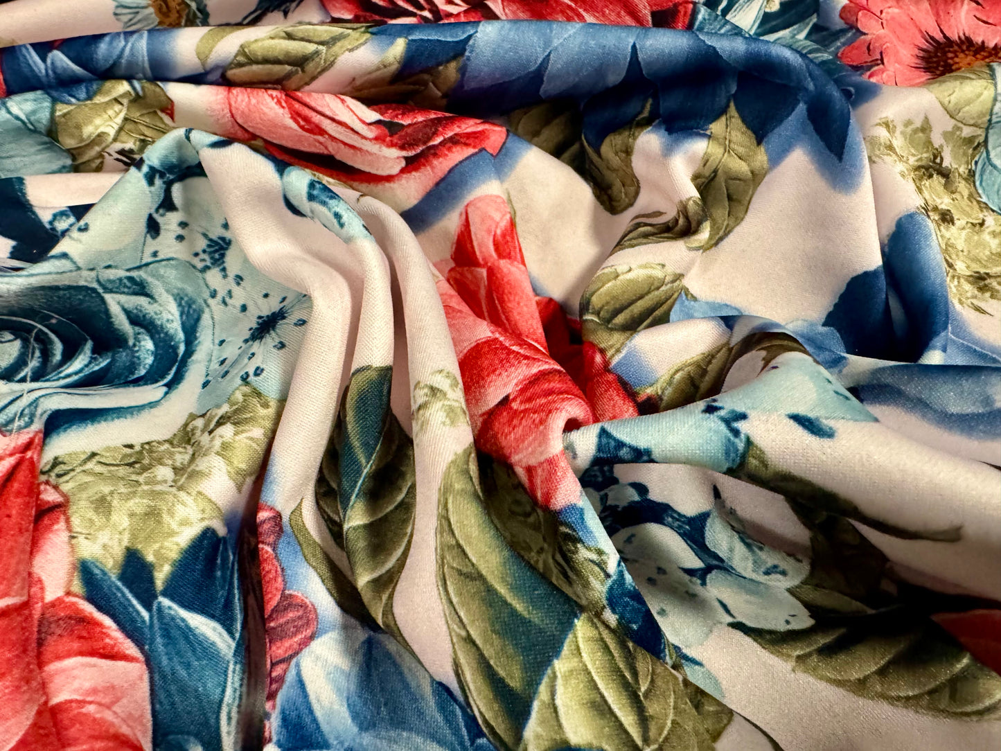 Scuba crepe-back stretch spandex jersey fabric, per metre - roses & carnations print - blush pink and blue
